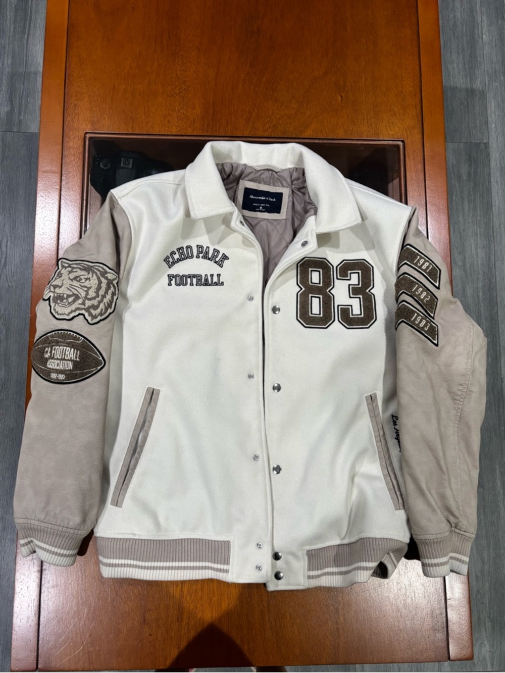 Abercrombie & Fitch Cream and Brown Varsity Jacket